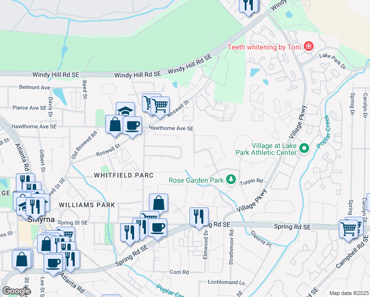 map of restaurants, bars, coffee shops, grocery stores, and more near 1471 Springleaf Circle Southeast in Smyrna