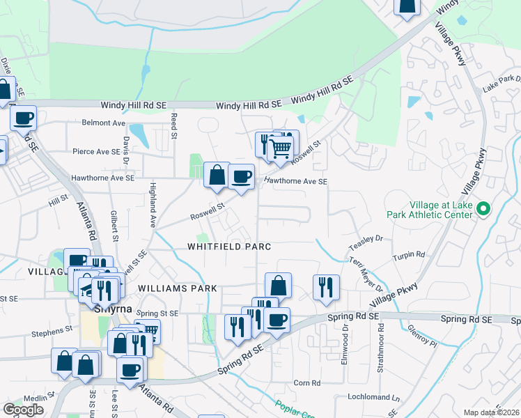 map of restaurants, bars, coffee shops, grocery stores, and more near 1400 Springleaf Circle Southeast in Smyrna