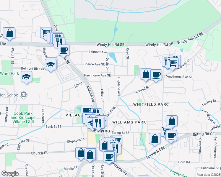map of restaurants, bars, coffee shops, grocery stores, and more near 1386 Marston Street Southeast in Smyrna