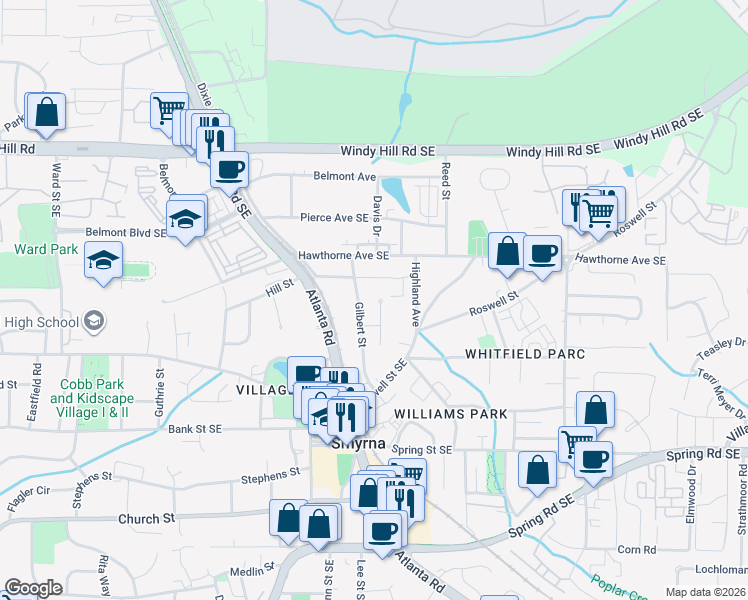 map of restaurants, bars, coffee shops, grocery stores, and more near 2623 Devin Court Southeast in Smyrna