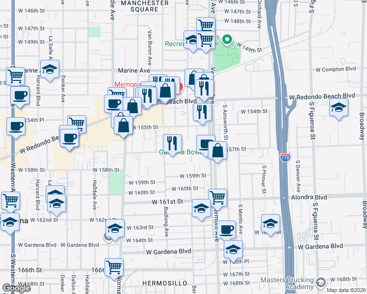 map of restaurants, bars, coffee shops, grocery stores, and more near 1113 Magnolia Avenue in Gardena