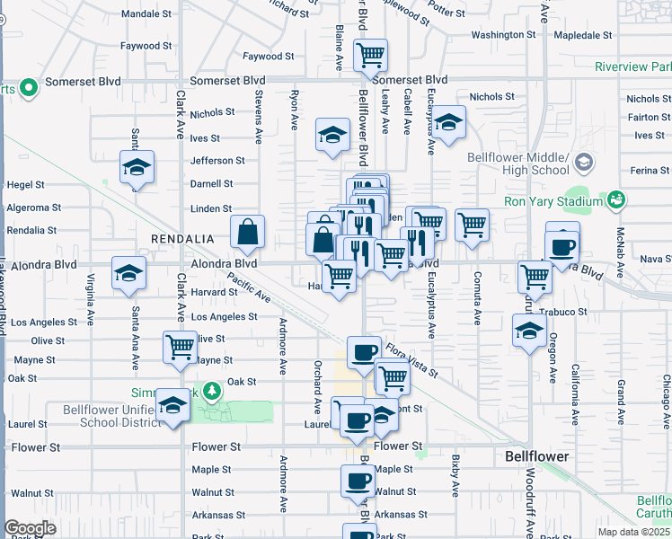map of restaurants, bars, coffee shops, grocery stores, and more near 9724 Alondra Boulevard in Bellflower