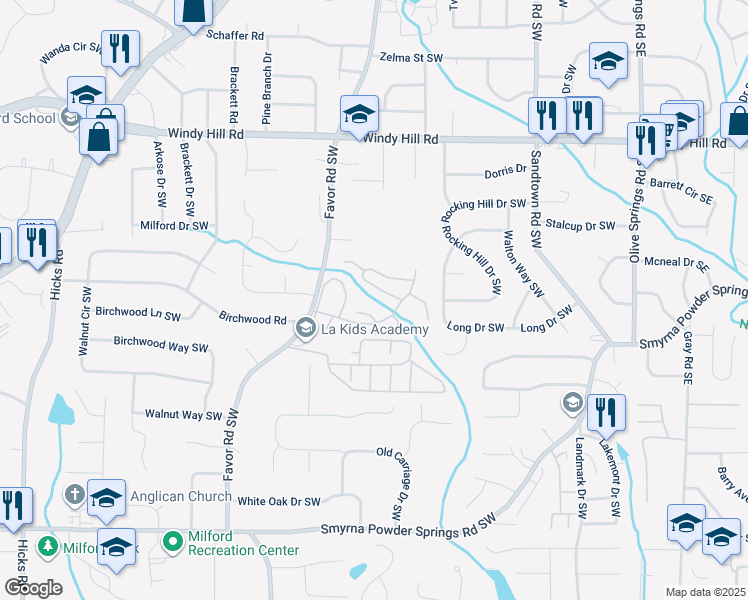 map of restaurants, bars, coffee shops, grocery stores, and more near 2665 Favor Road Southwest in Marietta