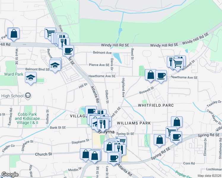 map of restaurants, bars, coffee shops, grocery stores, and more near 2623 Devin Ct SE in Smyrna