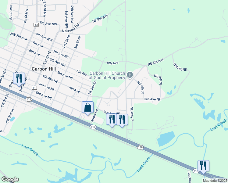 map of restaurants, bars, coffee shops, grocery stores, and more near 71 Forest Ridge Circle in Carbon Hill