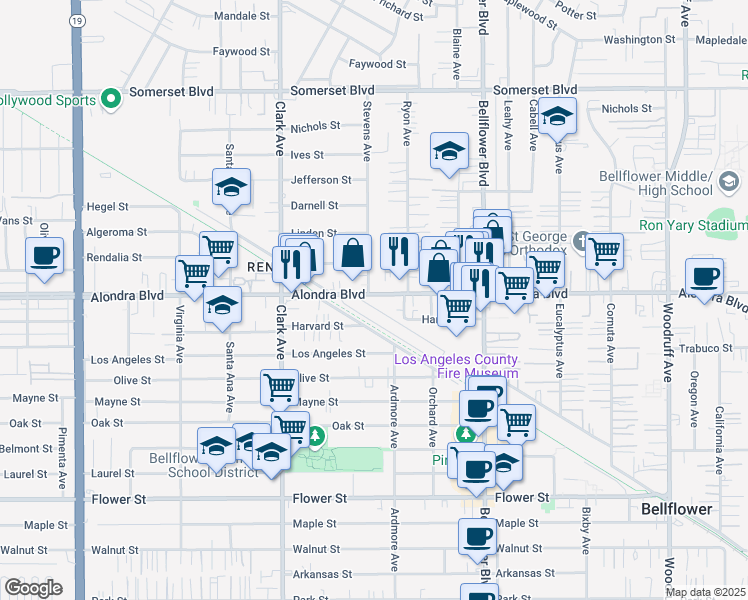 map of restaurants, bars, coffee shops, grocery stores, and more near 9548 Alondra Boulevard in Bellflower