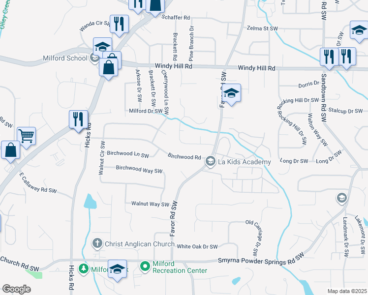 map of restaurants, bars, coffee shops, grocery stores, and more near 561 Favorwood Drive Southwest in Marietta