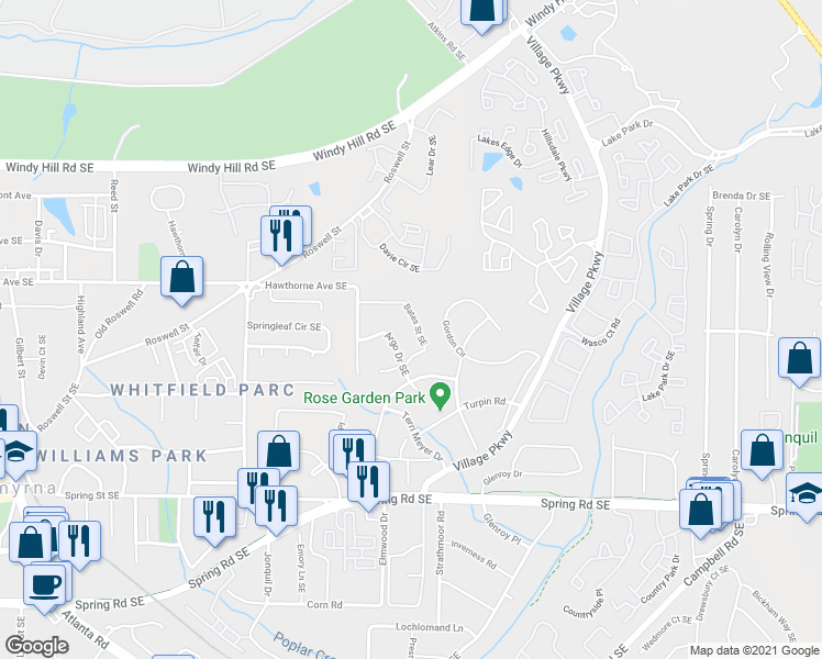 map of restaurants, bars, coffee shops, grocery stores, and more near 2592 Bates Street Southeast in Smyrna
