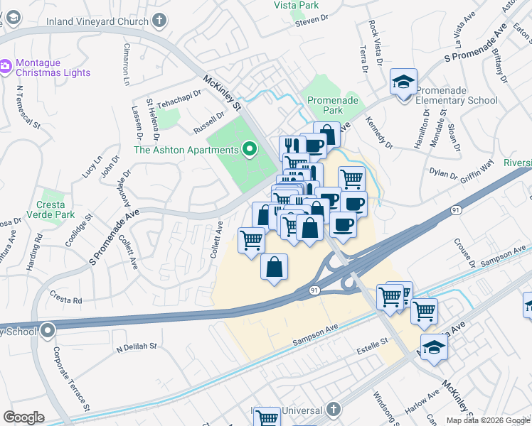 map of restaurants, bars, coffee shops, grocery stores, and more near 2160 Highpointe Drive in Corona