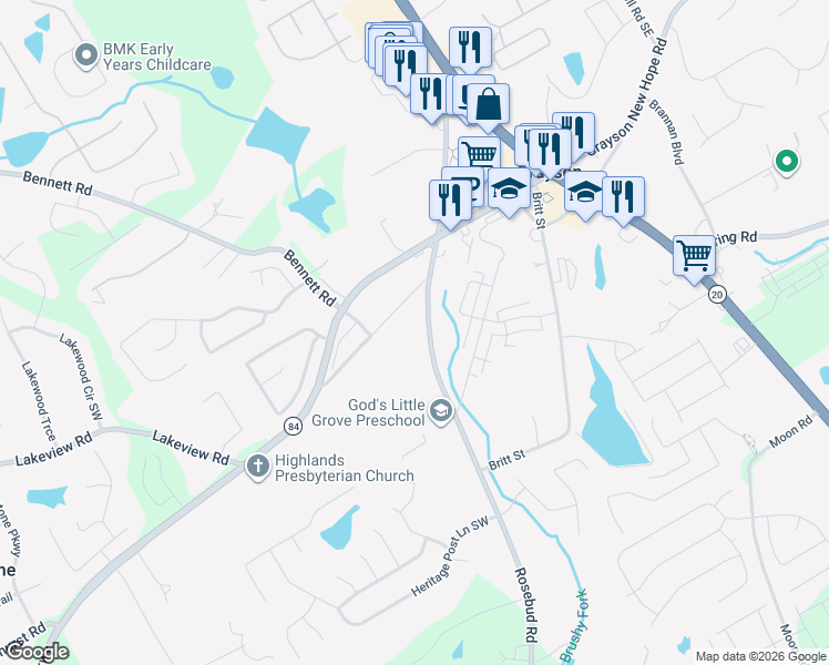 map of restaurants, bars, coffee shops, grocery stores, and more near 2159 Rosebud Road in Grayson
