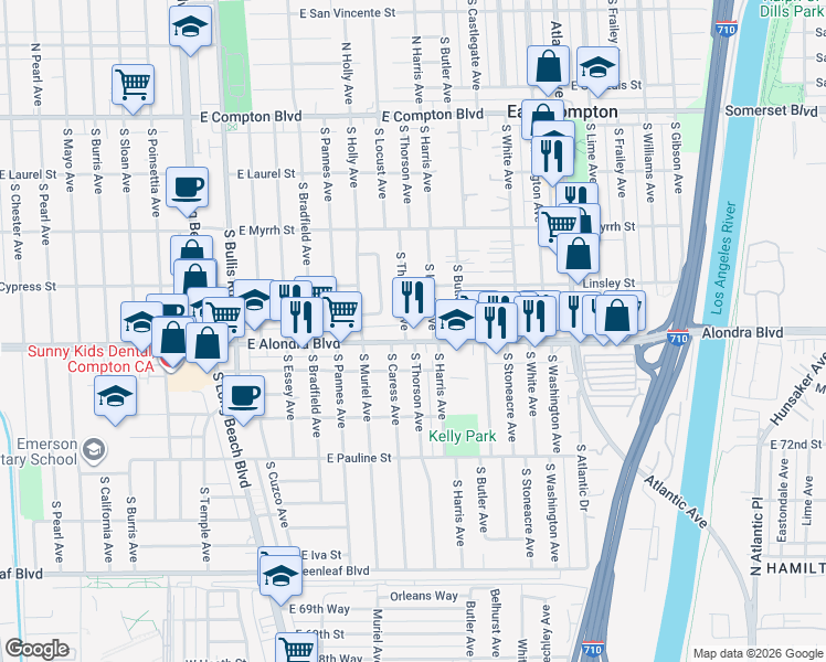 map of restaurants, bars, coffee shops, grocery stores, and more near 2201 East Alondra Boulevard in Compton