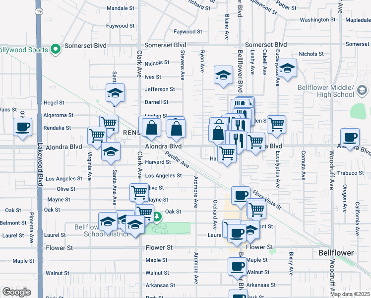 map of restaurants, bars, coffee shops, grocery stores, and more near 9548 Alondra Boulevard in Bellflower