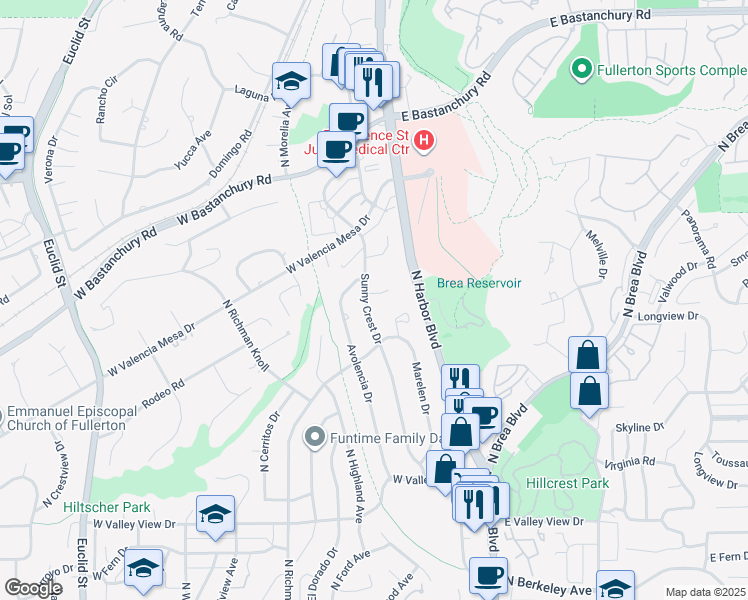 map of restaurants, bars, coffee shops, grocery stores, and more near 1534 Sunny Crest Drive in Fullerton