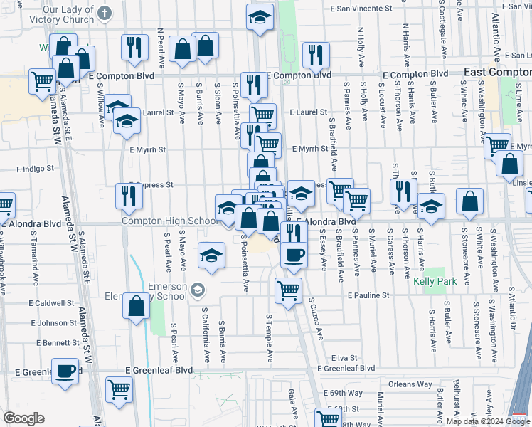 map of restaurants, bars, coffee shops, grocery stores, and more near 817 South Long Beach Boulevard in Compton