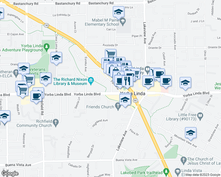 map of restaurants, bars, coffee shops, grocery stores, and more near 4951 Park Place in Yorba Linda