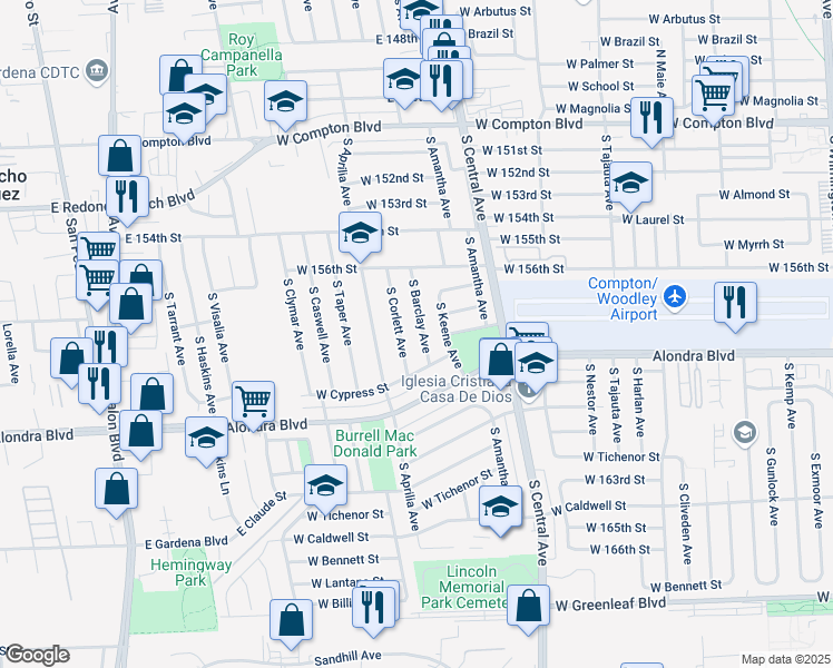 map of restaurants, bars, coffee shops, grocery stores, and more near 616 South Corlett Avenue in Compton
