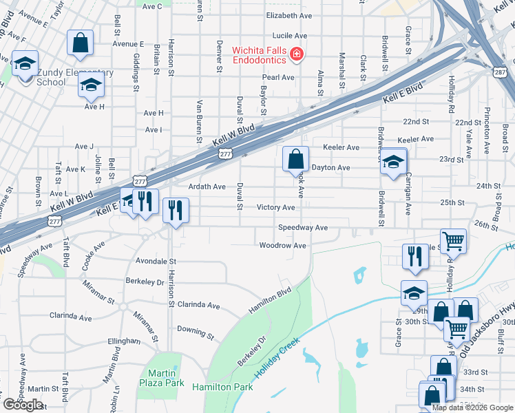 map of restaurants, bars, coffee shops, grocery stores, and more near 1810 Victory Avenue in Wichita Falls