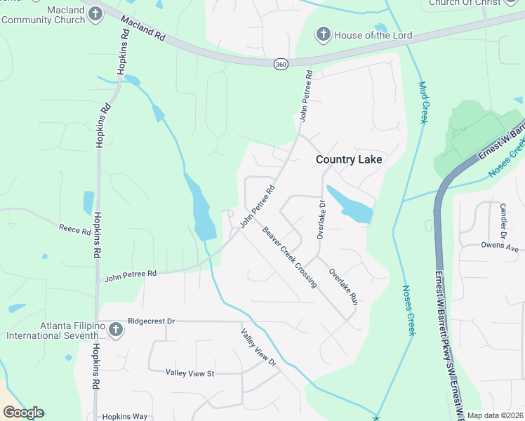 map of restaurants, bars, coffee shops, grocery stores, and more near 2637 John Petree Road in Powder Springs