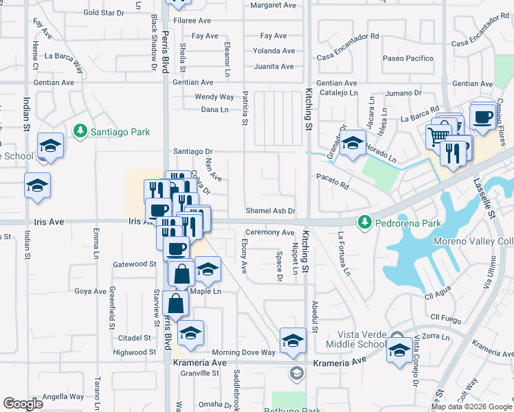 map of restaurants, bars, coffee shops, grocery stores, and more near 25312 Shamel Ash Drive in Moreno Valley