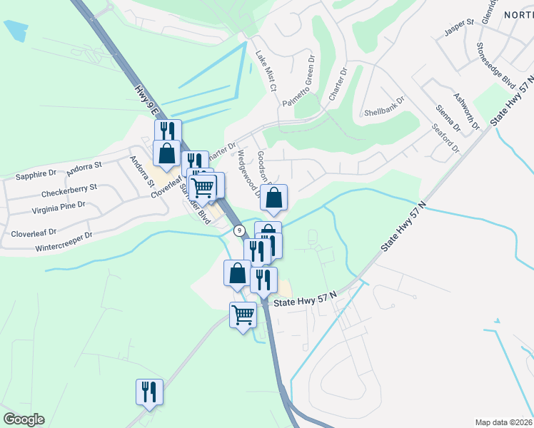 map of restaurants, bars, coffee shops, grocery stores, and more near 2181 Goodson Drive in Longs