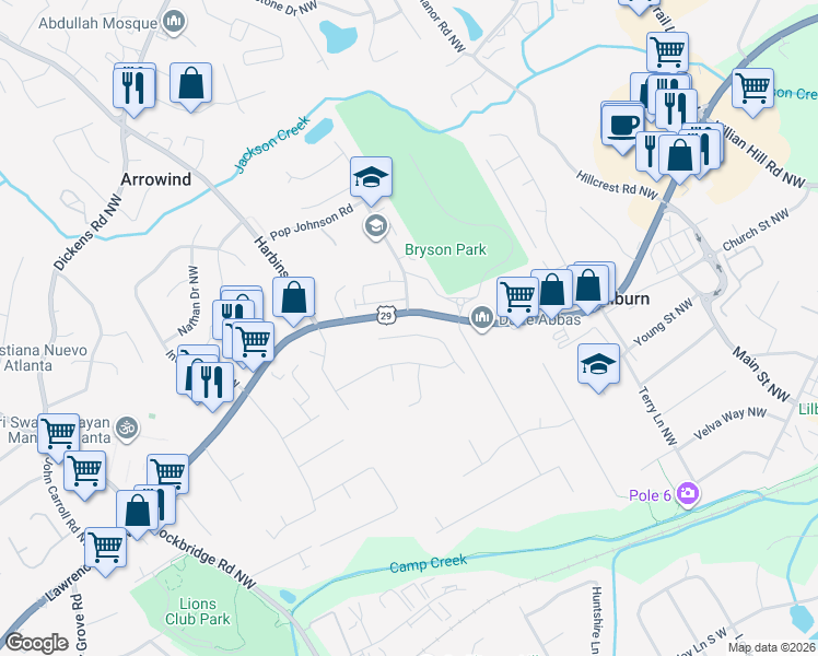 map of restaurants, bars, coffee shops, grocery stores, and more near 5345 Haverford Mill Cove Northwest in Lilburn
