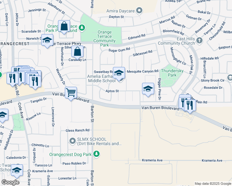 map of restaurants, bars, coffee shops, grocery stores, and more near 8901 Pine Needles Court in Riverside