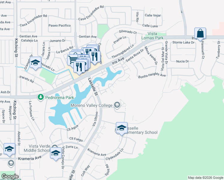 map of restaurants, bars, coffee shops, grocery stores, and more near 15952 Lasselle Street in Moreno Valley