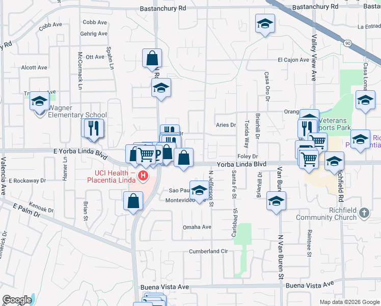 map of restaurants, bars, coffee shops, grocery stores, and more near 1447 Prospect Avenue in Placentia