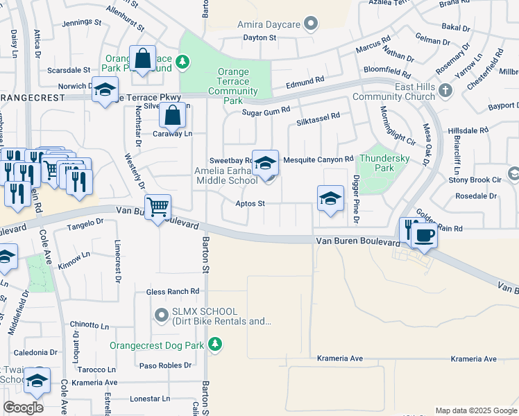 map of restaurants, bars, coffee shops, grocery stores, and more near 8901 Pine Needles Court in Riverside