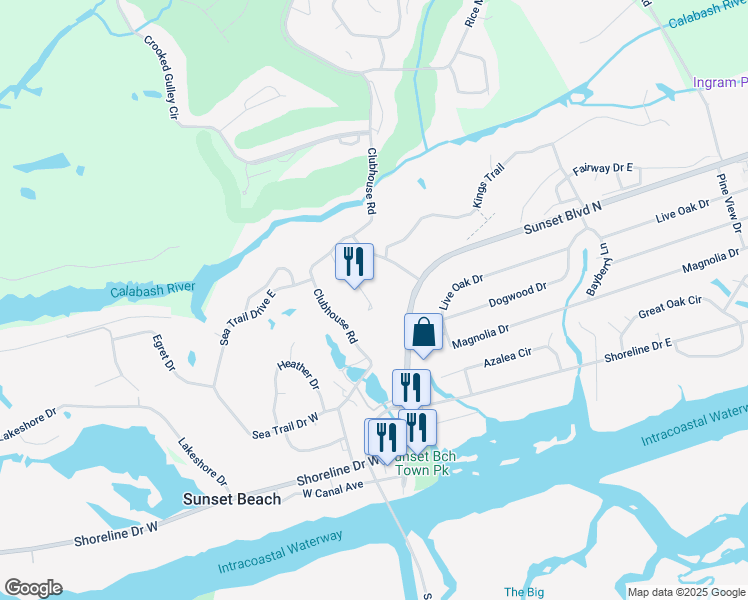 map of restaurants, bars, coffee shops, grocery stores, and more near 215 Royal Poste Road in Sunset Beach