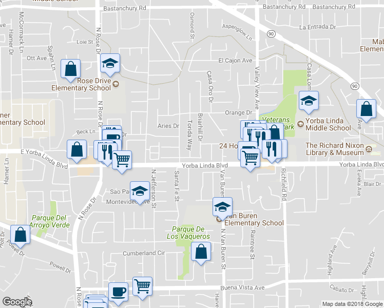 map of restaurants, bars, coffee shops, grocery stores, and more near 4922 Torida Way in Yorba Linda