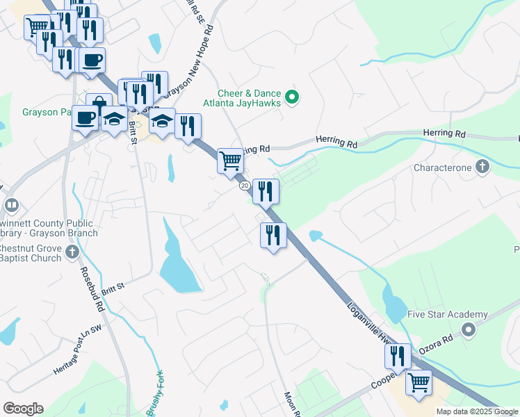 map of restaurants, bars, coffee shops, grocery stores, and more near 2341 Loganville Highway in Grayson