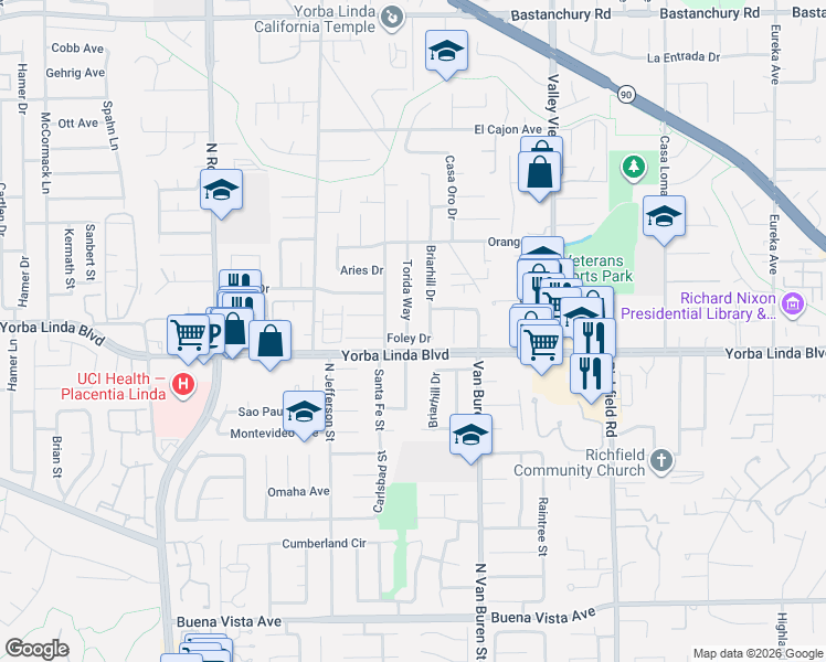 map of restaurants, bars, coffee shops, grocery stores, and more near 4922 Torida Way in Yorba Linda