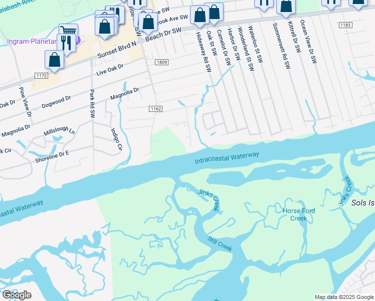 map of restaurants, bars, coffee shops, grocery stores, and more near 1916 Norwood Street Southwest in Ocean Isle Beach