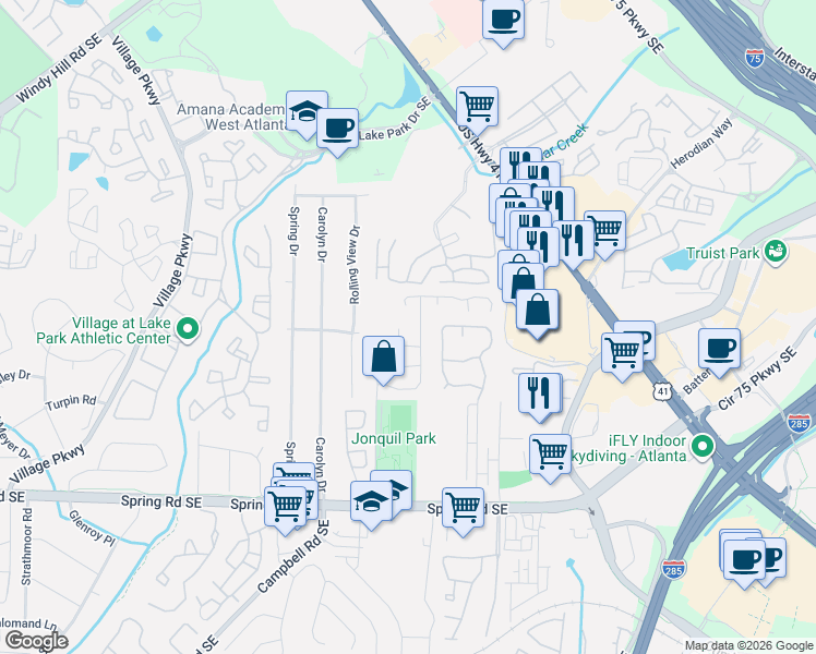 map of restaurants, bars, coffee shops, grocery stores, and more near 1450 Ridgecrest Lane Southeast in Smyrna