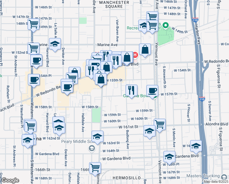 map of restaurants, bars, coffee shops, grocery stores, and more near 1249 Magnolia Avenue in Gardena
