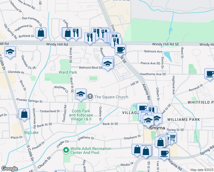 map of restaurants, bars, coffee shops, grocery stores, and more near 1099 Fleming Street in Smyrna