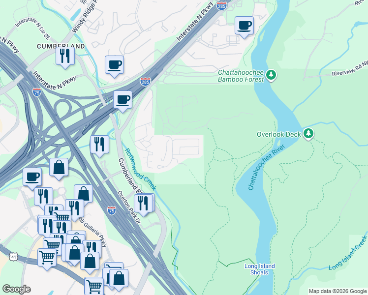 map of restaurants, bars, coffee shops, grocery stores, and more near 3528 Chattahoochee Summit Lane Southeast in Atlanta