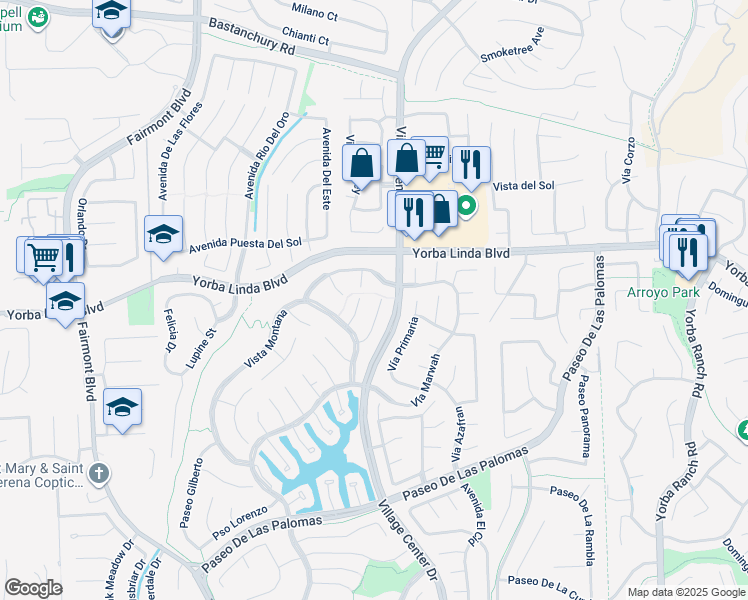 map of restaurants, bars, coffee shops, grocery stores, and more near 5035 Vía Donaldo in Yorba Linda