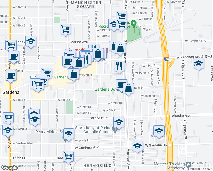 map of restaurants, bars, coffee shops, grocery stores, and more near 1119 Magnolia Avenue in Gardena