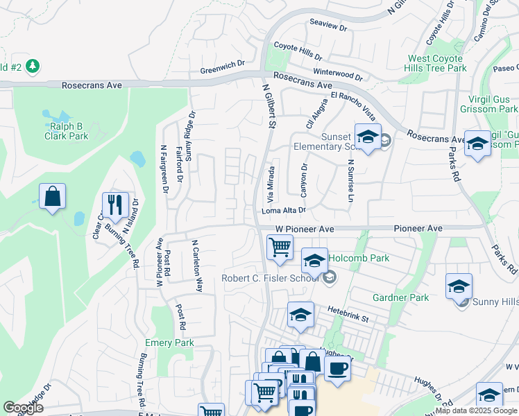 map of restaurants, bars, coffee shops, grocery stores, and more near 1600 North Gilbert Street in Fullerton