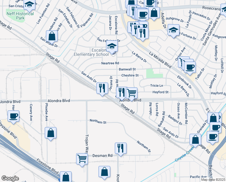 map of restaurants, bars, coffee shops, grocery stores, and more near 15554 Jacana Drive in La Mirada