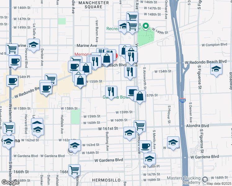 map of restaurants, bars, coffee shops, grocery stores, and more near 15609 Berendo Avenue in Gardena