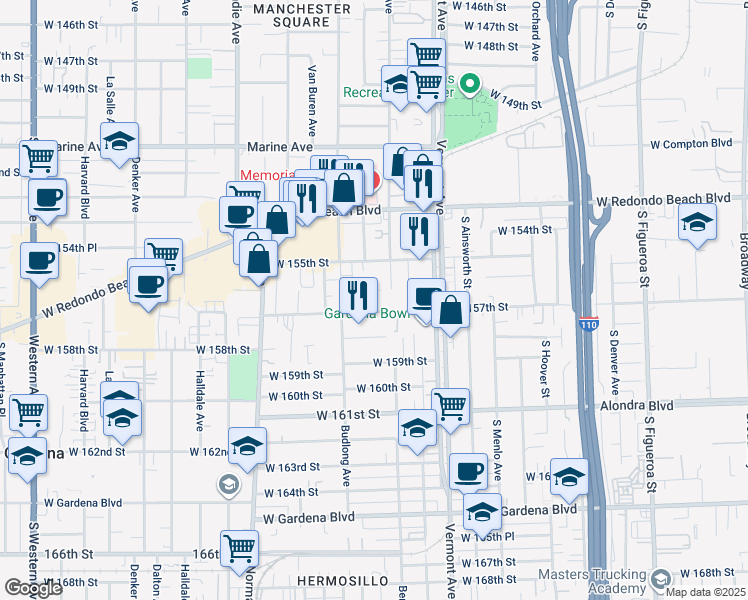 map of restaurants, bars, coffee shops, grocery stores, and more near 1119 Magnolia Avenue in Gardena