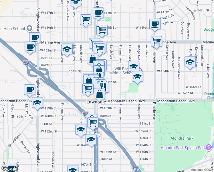 map of restaurants, bars, coffee shops, grocery stores, and more near 15616 Sombra Avenue in Lawndale