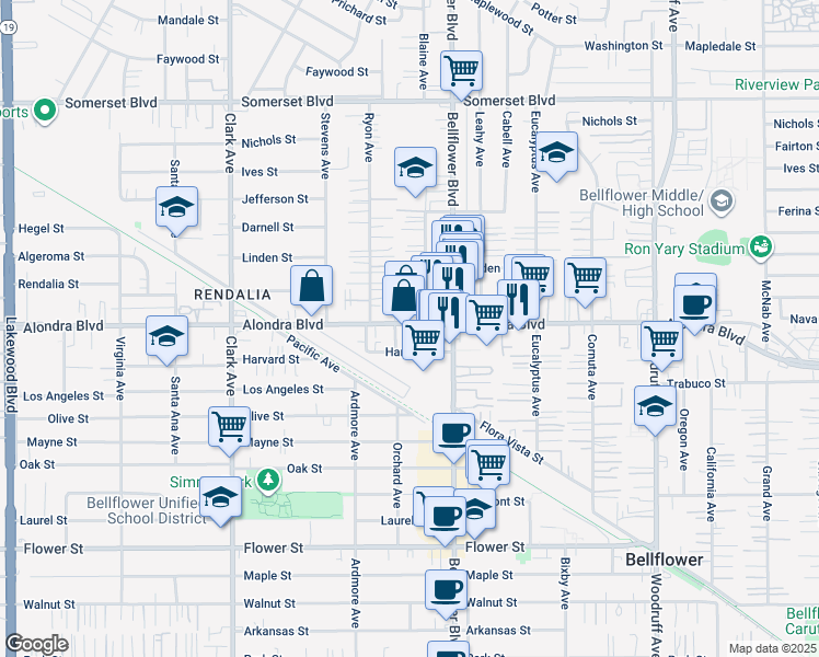 map of restaurants, bars, coffee shops, grocery stores, and more near 9712 Alondra Boulevard in Bellflower