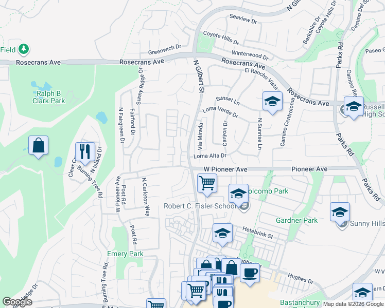 map of restaurants, bars, coffee shops, grocery stores, and more near 1600 North Gilbert Street in Fullerton