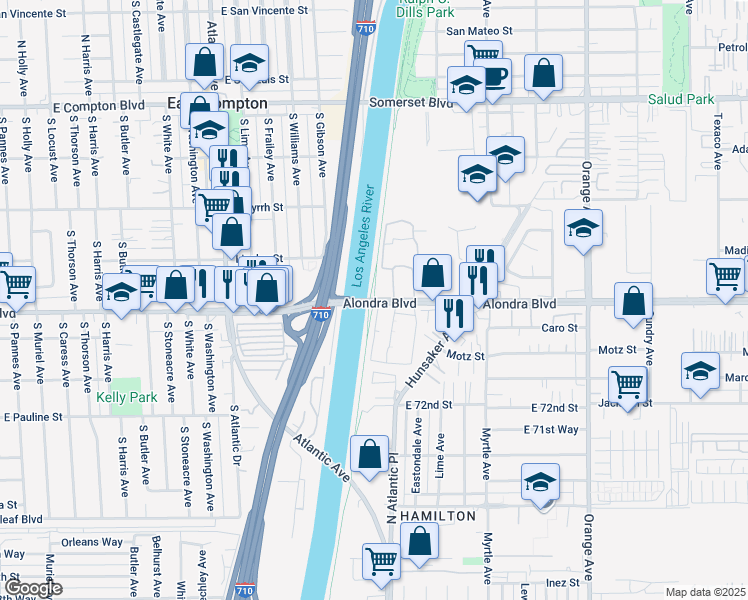 map of restaurants, bars, coffee shops, grocery stores, and more near 6251 Alondra Boulevard in Paramount