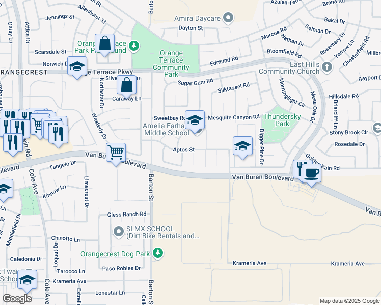 map of restaurants, bars, coffee shops, grocery stores, and more near 8901 Pine Needles Court in Riverside