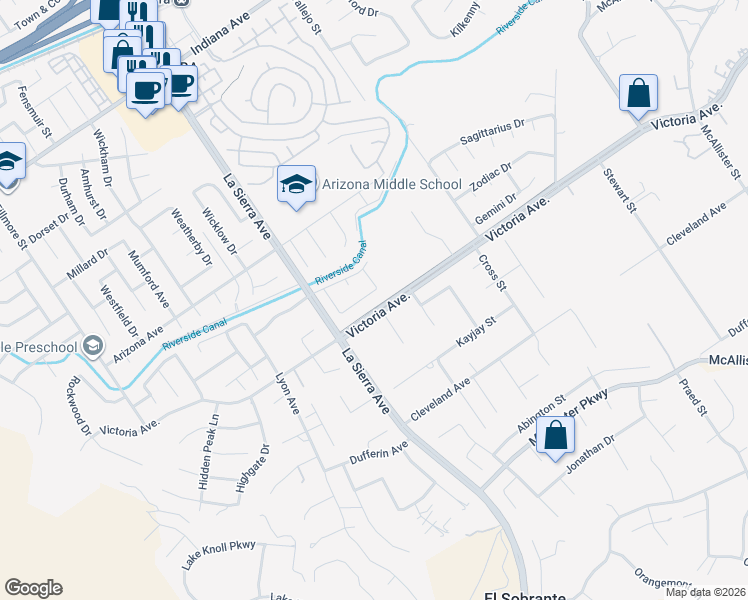 map of restaurants, bars, coffee shops, grocery stores, and more near 10957 Stonehenge Place in Riverside
